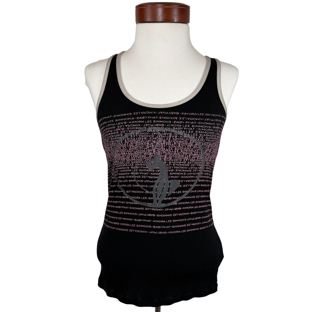 Y2K Baby Phat Racerback Tank Top S Black‎ Pink Cat Logo Early 2000s McBling Glam